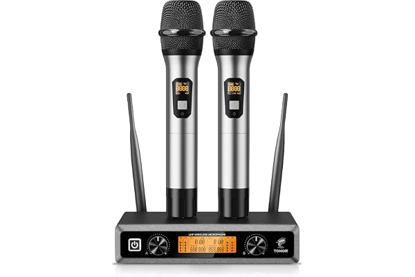 TONOR Microphone sans fil UHF sans fil professionnel dynamique sans fil double système de microphone à main kit KTV pour karaoké, fête, DJ, église, mariage, réunion, 60 m, gris TW820