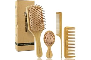 Combetter Natural Bamboo Hairbrush Set - Get Smooth, Shiny, and Healthy Hair with Reduces Frizz and Promotes Hair Growth, Eco-Friendly Wooden Hair Brushes for Women, Men & Kids