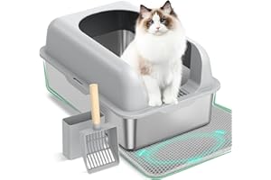 ITEFDTUTNE Stainless Steel Cat Litter Tray with Lid, Semi-Closed Cat Litter Tray XXL for Big Kitty, Metal Extra Large High-Sided Non-Stick Box, Anti-Urine Leakage Including Cat Mat and Scoop