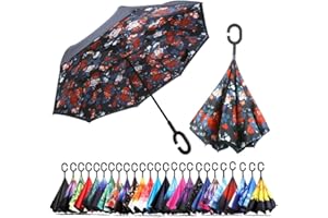 CICILIAYA Parapluie inversé pliable à double couche, support à l'envers, protection contre la pluie, parapluie inversé pour voiture avec poignée en forme de C, grand parapluie droit