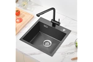 Auralum Fregadero Negro Mate 45 x 45 cm, Fregadero Cocina 1 Bandeja de Acero Inoxidable, Fregadero Inox 1 Bandeja con Sifón, Fregadero Multifunción con 2 Agujeros de Montaje