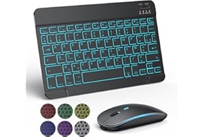 Clavier Souris sans Fil TECURS Clavier pour iPad/Samsung/Lenovo/iPhone Tablette Silent Rétroéclair, Bluetooth Clavier et Souris Léger Rechargeable Portable AZERTY pour iOS, Android (Noir)