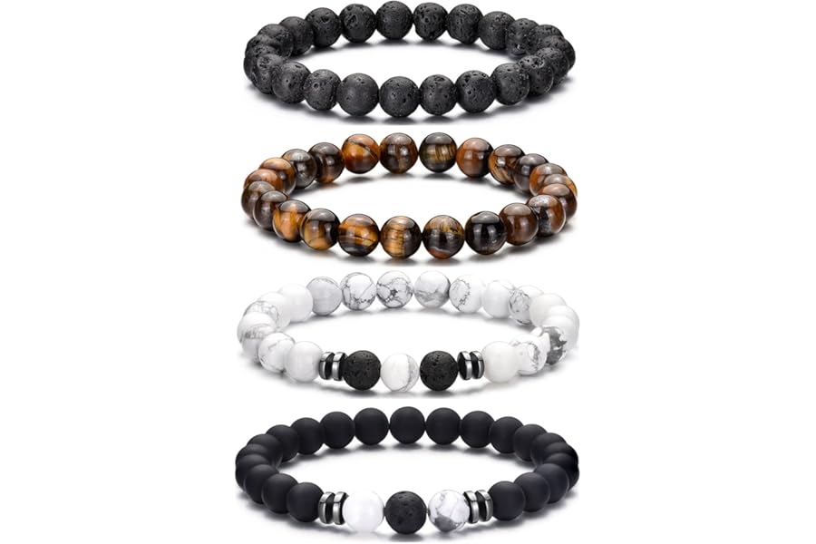 RANKEEF Tiger Eye Bracelet For Men 8MM Natural Stone Beads Bracelet Set Stretch Lava Rock Bracelets Adjustable Black Crystal Beaded Bracelet for Men Women Gifts