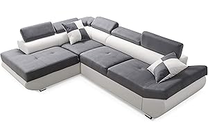 ROBIN INSPIRE Robin Saturn Divano angolare con funzione di letto con cassetto per la biancheria e cuscin angolo a sinistra grigio e bianco 280 x 200 x 75