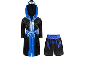 Moggemol Children Boxing Costumes Satin Long Hooded Cloak with Shorts Set Boys Girls Kickboxing MMA Training Outfit