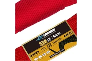 FISHLUND Paracord 550 lb, 7 Strand Type III Paracord Rope 50ft, High Strength Nylon Parachute Cord for Camping, Survival, Tactical and Hiking, Imperial Red