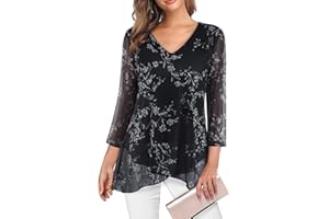 Adigaber Camisas para Mujer Elegante Manga 3/4 y Cuello en V Blusa Suelta Sólidos Estampadas Casual Gasa Shirt
