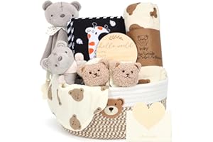 TOP-SPRING Baby-Geschenkkorb, Geschenkkorb für Neugeborene, Set mit Windel-Caddy sensorisches Buch, Babydecke, Wickelsocken, Rassel, Lätzchen, Meilensteinkarten, Babyparty-Geschenkbox für Jungen, Mädchen, Unisex