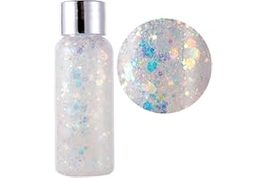 Tongyend Festival Glitter for Face, Silver Glitter Body Glitter Gel - Face Glitter Gel - Sparkling Festival Party Lotion Holographic Glitter Liquid Eyeshadow Party Makeup Decoration(White)