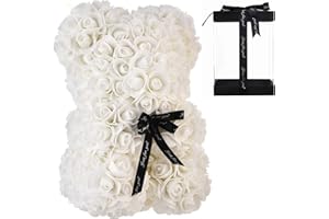 AZXU - Orsacchiotto composto da rose artificiali, per anniversari, regalo per mamma, confezione regalo trasparente inclusa - bianco