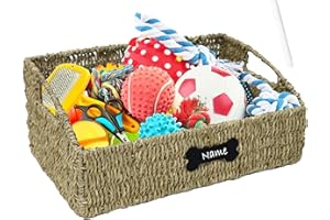 Ctomche Dog Toy Box,Trapezoid Dogs Toy Basket with Handle,Natural Handwoven Pet Storage Bin,Wooden Chest Stuff Orgniser for Cat Puppy Toy,Food Treat, Leashes, Blanket-Personalized Name Pad