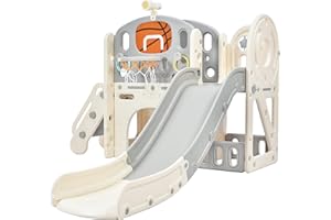 ‎HAINEW 5 in 1 Kinderrutsche Indoor und Outdoor für ab 1-6 Jahr, Kinder Spielplatz mit Langer Rutsche, Aufbewahrungsbox, Tunnel, Treppenleiter, Basketballkorb und Durchgangsbereich, Gartenrutsche (Grau)