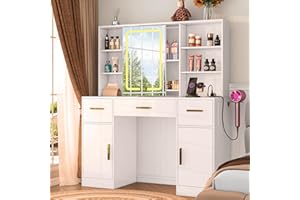 knoworld Vanity Desk with Sliding Mirror & LED Lights, Smart Makeup Table with Charging Station, Hairdryer Holder, 7 Shelves, 3 Drawers, 2 Cabinets, Vanity with Extra Hidden Stroage for Bedroom,White