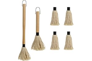GEEKHOM Grill Basting Mop, Grilling Basting Mops Brushes with Long Wood Handle and Replacement Heads BBQ Sauce Brush for Barbecue Baking Smoking Roasting Steak Cooking, 18+14inch