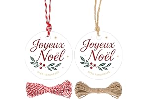 G2PLUS 100PCS Étiquette Joyeux Noël : Étiquettes Cadeaux de Noël 5,5 cm – avec Motif Houx à Baies pour Emballage Cadeau, Arbre de Noël, DIY et Déco de Noël
