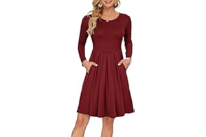 AUSELILY Women's Long Sleeve Pleated Loose Swing Casual Dress with Pockets Knee Length
