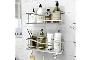 KINCMAX Shower Shelves 2-Pack - Self Adhesive Caddy with 4 Hooks - No Drill Large Capacity Stainless Steel Wall Shelf - Aesthetic Organiser for Inside Bathroom - Polished Silver