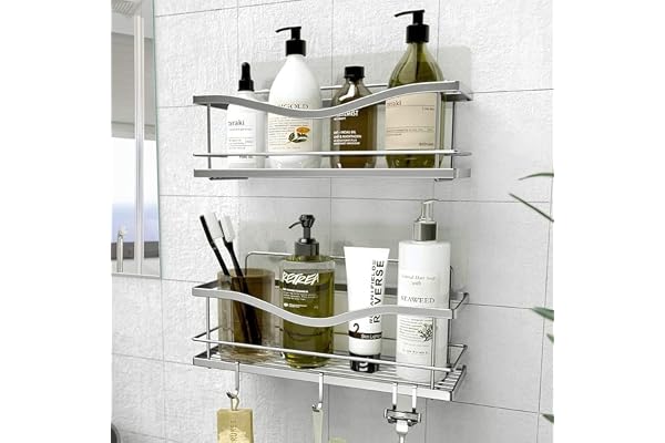 KINCMAX Etagère de Rangement de Douche Lot de 2 - Panier Salle de Bain sans Perçage - Étagère Murale de Rangement pour Douche & Baignoire avec Crochets pour Accessoires