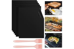 PLAPOT 6 Pezzi Tappetino Barbecue,Griglia Tappetino Set BBQ 50x40cm,Grill mat Antiaderente con 2 Spazzole in Silicone,Riutilizzabile,Mat Resistenti a Temperatura Altae,Adatti per Barbecue a Carbone e Gas