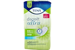 TENA DISCREET MINI - Paquet de 20 serviettes pour incontinence pour femmes, respirantes, hypoallergéniques, discrètes, douces, confortables en cas de fuite d'urine, testées dermatologiquement