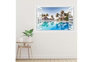 astylishome Wall Stickers Living Room Window Sticker Mural Decal of Beach Coconut Tree View Scenery Sunshine for Kids Baby Nursery Bedroom Bathroom Wallpaper Waterproof 1604