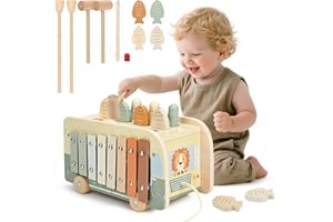 Vanplay Montessori Spielzeug ab 1 Jahr, 7 in 1 Hammerspiel Angelspiel Magnet Holzspielzeug Motorikspielzeug, Xylophon Kinder 1 Jahr, Geschenk Kinderspielzeug ab 1 2 3 Jahre Mädchen Junge