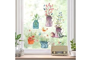 ‎WANDSTICKER4U WandSticker4U®- [Aquafarben] Fensterbilder Herbst BLUMEN in TÖPFEN selbstklebend I Fenstersticker Kinder Blumen Vögel Frühling I Fensteraufkleber Herbstdeko Fenster Kinderzimmer Küche Bad GROß