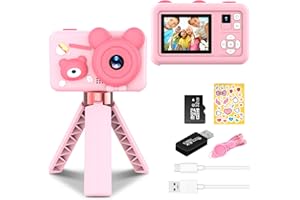 FEBOTAK Kinder Kamera 12MP Selfie Kinderkamera mit mit Kamerastativ, Vlog 1080P HD Video Camera, USB Wiederaufladbare Kamera mit 32GB SD-Karte, Kinder Digitalkamera für 3-10 Jahre Klein Kind – Rosa