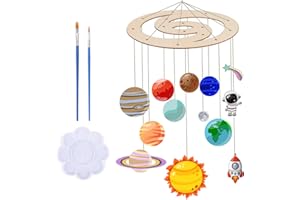 DKINY sistema solare in legno, modellini in legno di pianeti per bambini, sistema solare in legno con 2 pennelli e tavolozza mista, acchiappasogni creativi per bambini, astronomia da sogno