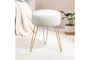 LUE BONA Samt Runde Hocker Schminktisch Hocker,Make-up Eitelkeits Stuhl,Ottomane gepolstert Metallbeine unterstützen, Weiß