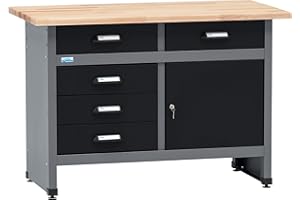 Küpper Werkbank 12049, 5 Schubladen, 1 Tür, 300 kg Traglast, 30 mm Massive Buchenarbeitsplatte (Schwarz, 120x84x60 cm)