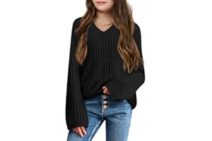Haloumoning Pull pour Fille - Col en V - Léger - en Tricot - Couleur Unie - Manches Longues - Pull d'hiver