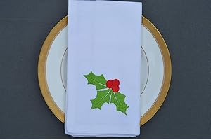 Quayside Home Christmas Napkins, 100% Cotton white with emboidered holly motif, Pack of 4