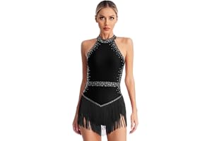 YOOJIA Vestido Brillante Mujer con Flecos Vestido Corto sin Mangas Maillot Lentejualas de Patinaje Artistico Competicion sin Espalda Disfraz Bailarina Mono Deportivo