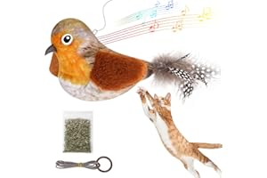 Aucenix Bird Cat Feather Toy - Teaser Catnip Toy Touch Activated for Kitten, Funny Chirping Bird Interactive Toys Retractable Hanging for Indoor Cats Chasing, Chewing, Playing (Brown)