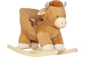 AIYAPLAY Baby Rocking Horse, Plush Ride on Cow Seat for Toddlers 1-3 Years with Song, Safety Belt, Wood Base, Animal Rocker for Children, Brown