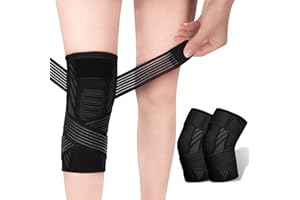 YELOUMISS Knee Support Brace 2 Pack Compression Knee Sleeve with Straps Knee Bandage for Women Men for Sports, Running, Arthritis, Joint Pain, Ligament Injury, Meniscus Tear, ACL, MCL, Tendonitis (Black, M)