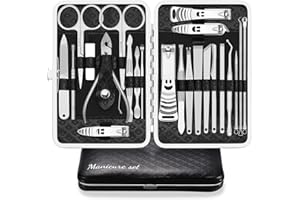 ULIYA Manicura Pedicura Set 23 PCS Profesional Cortaúñas Acero Inoxidable Grooming Kit Con Estuche De Viaje De Cuero Lujoso (Negro/Plata)