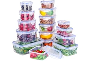NEFLSI Recipiente de Almacenamiento de 32 piezas (16 envases+16 tapas) para almacenar y congelar Alimentos Frescos Aptos para Microondas, Horno, Lavavajillas y Congelador.Sin BPA.