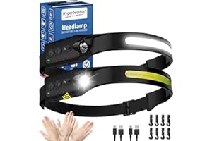 ‎HYPERDOLPHIN Stirnlampe LED Wiederaufladbar, Kopflampe mit Breitstrahl Stirnleuchte Aufladbar, stirnlampen, adventure light, 230 grad, usb c, 400 Lumen, 5 Modi, Bewegungssensor, Wasserdicht, Angeln (2, Schwarz)