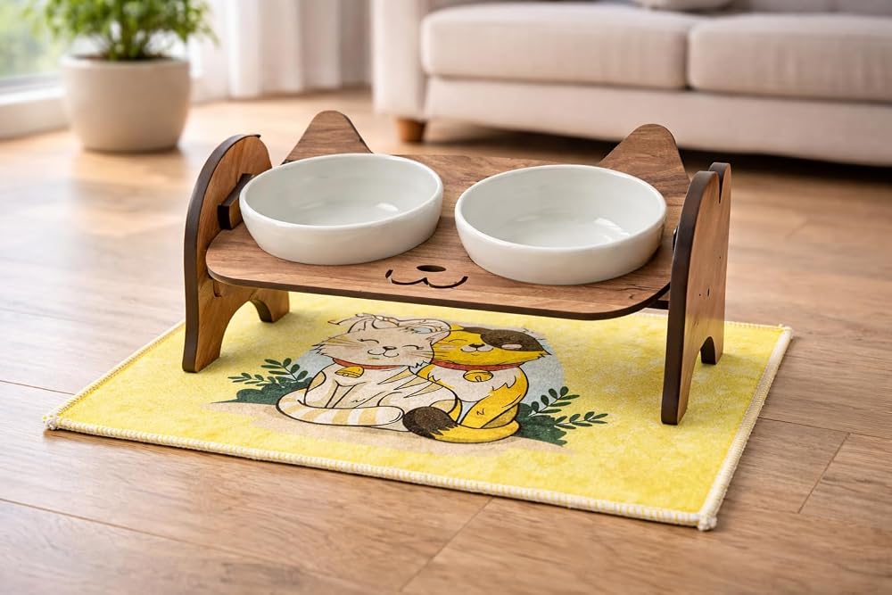gobypet always the best Ahşap Kedi Mama ve Su Kabı ile Kedi Köpek Paspası - Demonte Kedi Mama Su Kabı, Çift Hazneli Seramik Mama ve Su Kabı - Ayarlanabilir Mama Kabı (Beyaz Seramik)