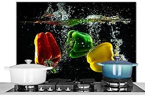 KitchenYeah© Fond de Hotte 90x60 cm Aluminium Crédence Cuisine Décoration Murale Crédence Plaque de Cuisson Anti Projection Poivre - Légumes - Eau - Noir - Rouge - Vert - Jaune