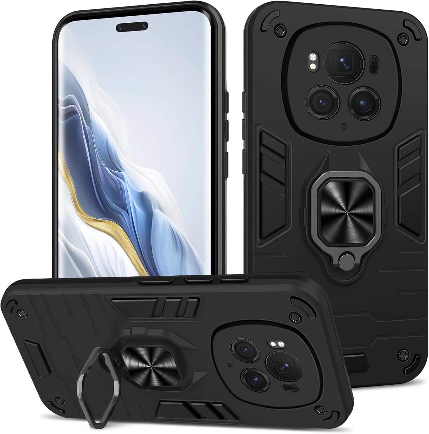 Btstring Funda para Honor Magic 6 Pro, Carcasa Antigolpes con Soporte anular metálico, Case Protectora de Grado Militar, Negro