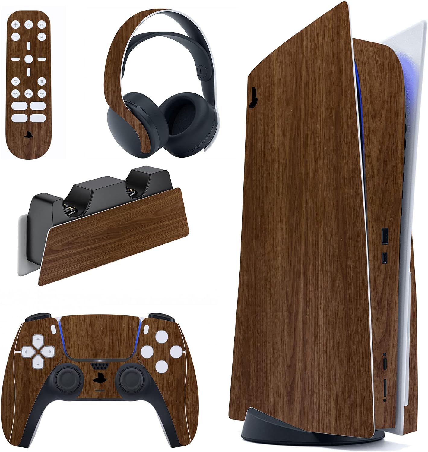 PlayVital Calcomanía Vinilo para ps5 Edición Disc - Pegatina Completa para Consola, Control, Estación de Recarga, Control Remoto y Audífonos, Skins Cubierta Protectora Adhesiva(Grano de Madera)
