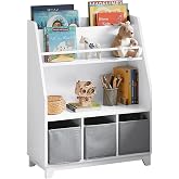 Bibliothèque Enfant CHOEZON Avec Coffre à Jouets - Étagères & Sacs Suspendus, Blanc/Gris, Grande Capacité, Facile à Assembler