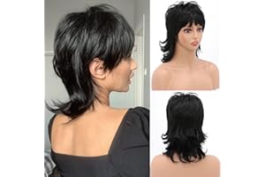 ‎BESTUNG BESTUNG Kurze Schwarze Perücke 80er Jahre Mullet Perücke Pixie Cut Perücke Mit Pony Lockige Synthetische Natürliche Gefälschte Haar Ersatz Perücken für Frauen Tägliche Party Cosplay (Schwarz)