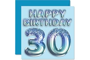 STUFF4 30th Birthday Card for Men - Blue Glitter Party Balloon - Happy Birthday Cards for 30 Year Old Man Brother Friend Uncle Dad, 145mm x 145mm Thirty Thirtieth Bday Greeting Cards Gift