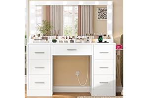 TEENFON Toaletka do makijażu ze światłami, regulowana jasność, stół z lustrem i wtyczką, toaletka z 7 szufladami, 3 półki, nowoczesna komoda, sypialnia, biała