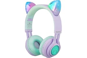 Riwbox Kids Headphones, CT-7S Cat Ear Bluetooth Headphones Volume Limiting 85dB,LED Light Up Kids Wireless Headphones Over Ear with Microphone for iPhone/iPad/Laptop/PC/TV (Purple&Green)