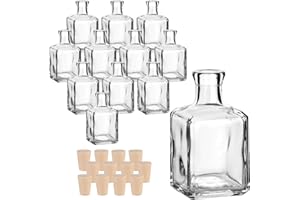 gouveo Lot de 12 bouteilles en verre cube 250 ml avec bouchons (PEK) - belle bouteille 0,25 l à remplir - bouteille carrée en liège pour liqueur, gin, liqueur, huile, vase (CFET250PEK)